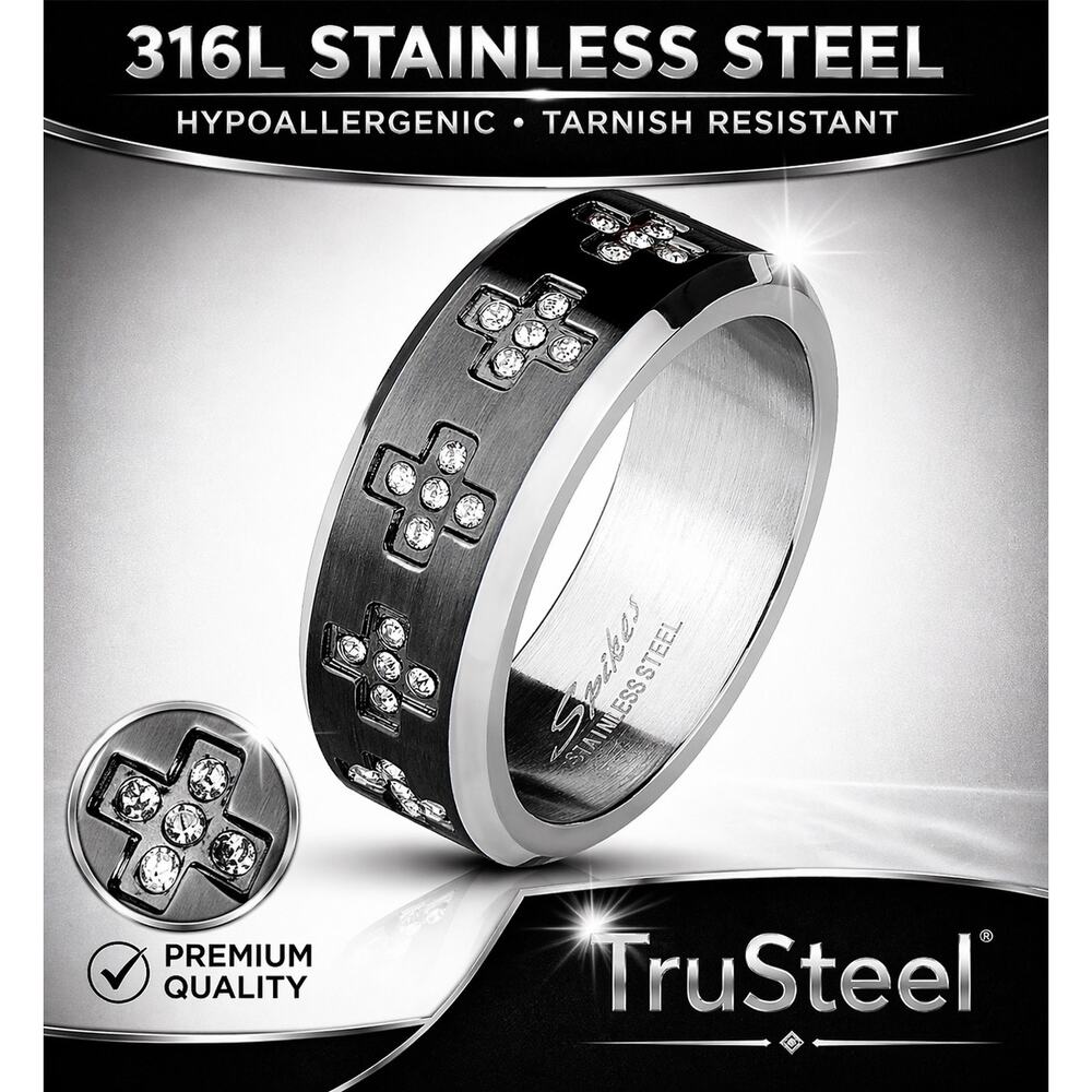 Men’s CZ Set‎ Cross Around on Black Center 316L Stainless Steel Ring Size 8